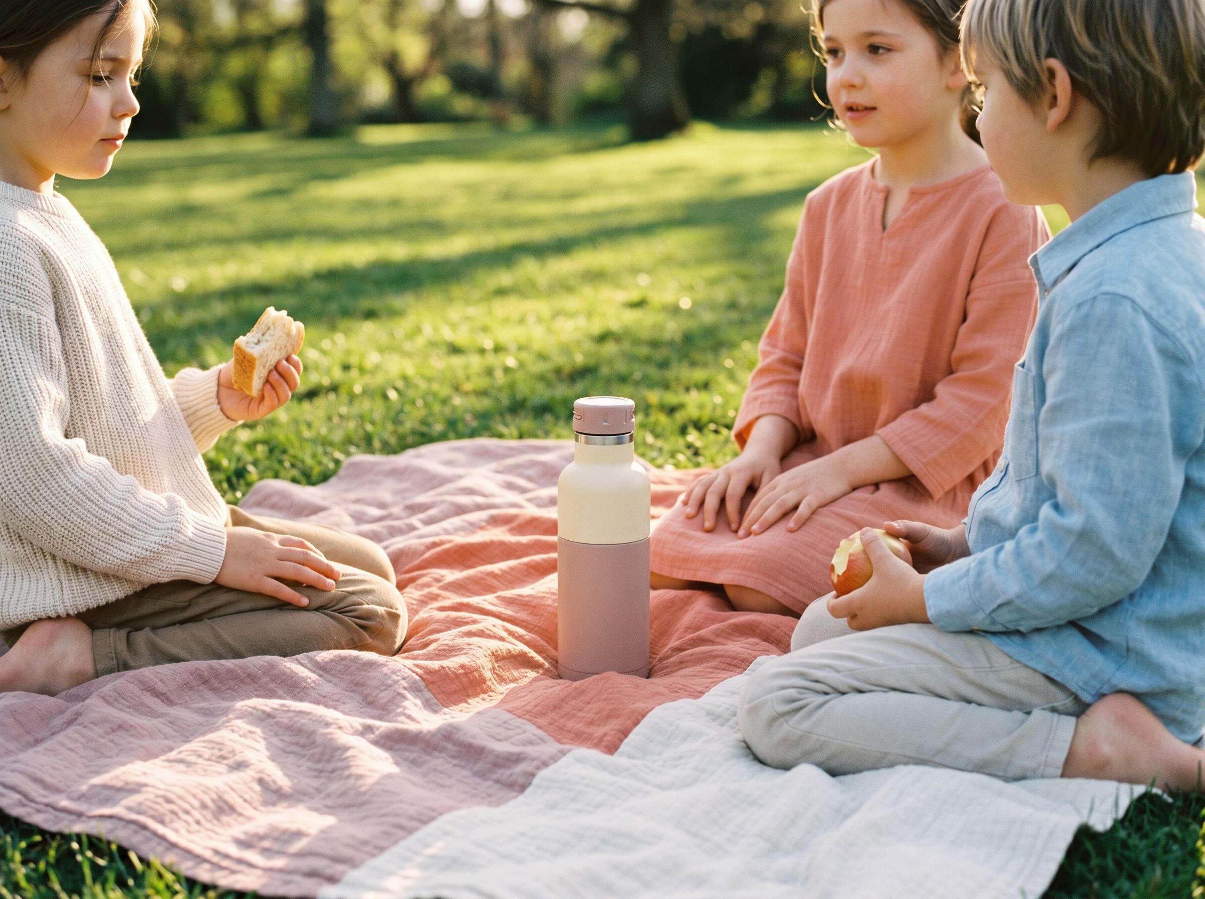 Trois enfants attablés autour d'un pique-nique en fin d'après-midi, plaid sur l'herbe