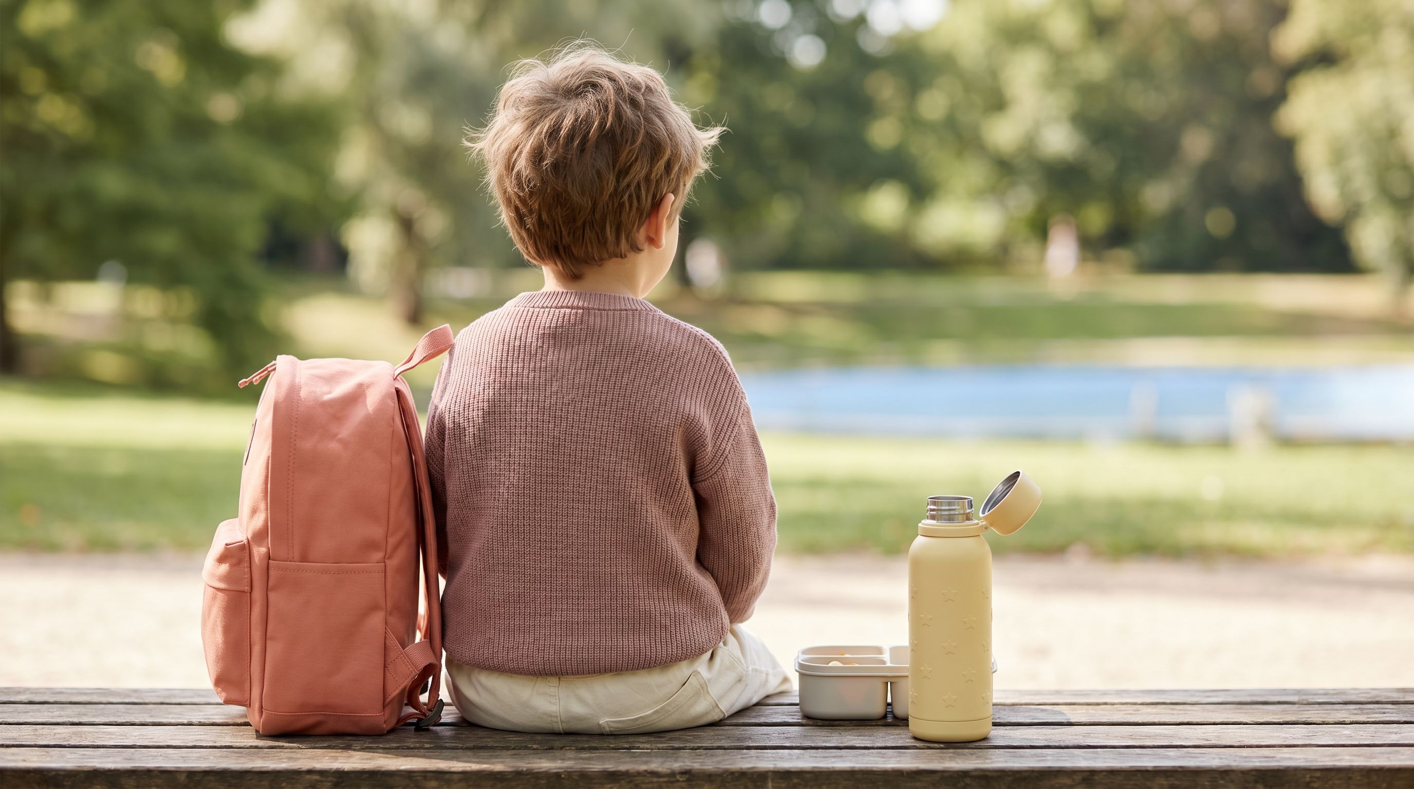 Cartable d'école avec gourde inox dépassant de la poche latérale, posé sur un parquet baigné de lumière naturelle
